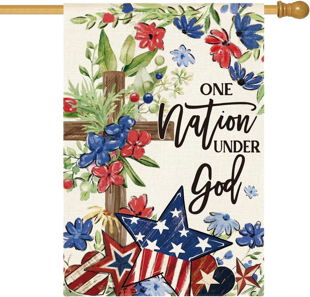 Memorial Day Patriotic 4th of July House Flag 28x40 Inch Double Sided Outside, Flowers Cross Yard Outdoor Decoration